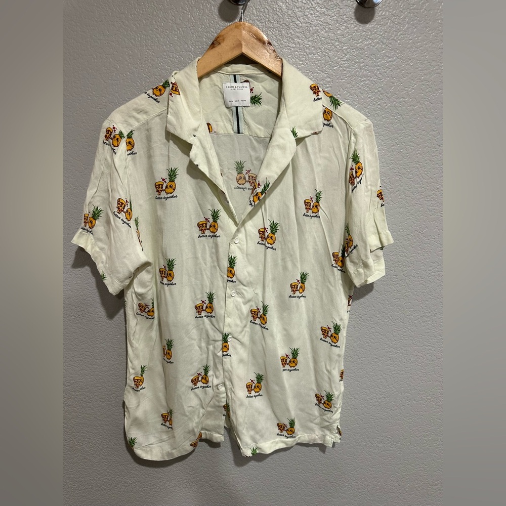 Denim & Flower Cream Short Sleeve Shirt with Pineapple pizza  Print